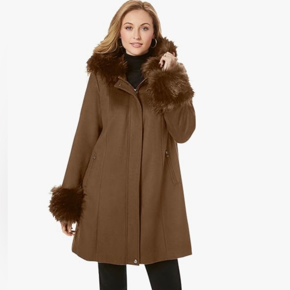 Jessica London Women's Plus Size 18W Hooded Faux Fur Trim Coat